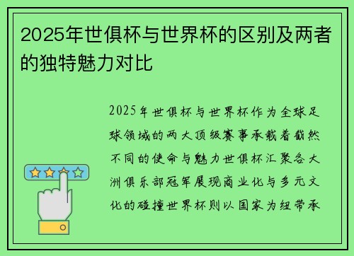 2025年世俱杯与世界杯的区别及两者的独特魅力对比