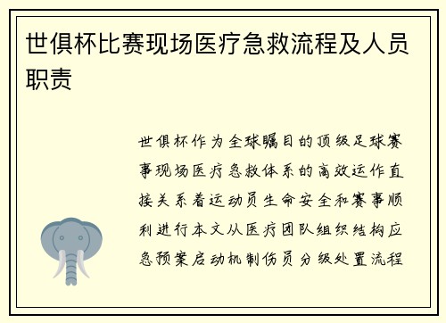 世俱杯比赛现场医疗急救流程及人员职责